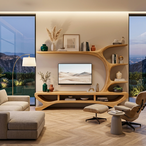 Mid Century Wooden TV Stand Sculptural Design For Living Room