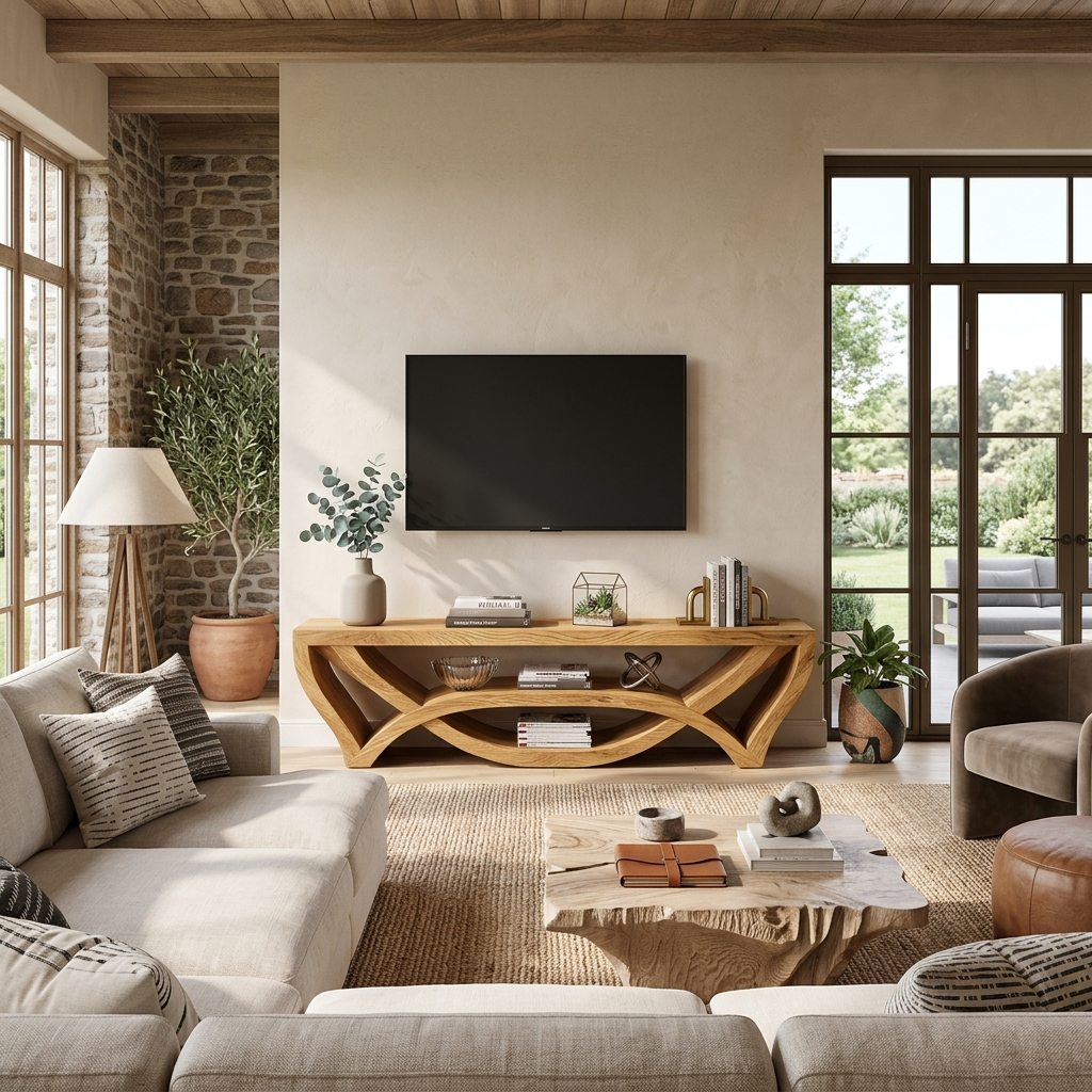 Wooden TV Stand With Carved Open Structure For Living Storage