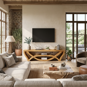 Wooden TV Stand With Carved Open Structure For Living Storage
