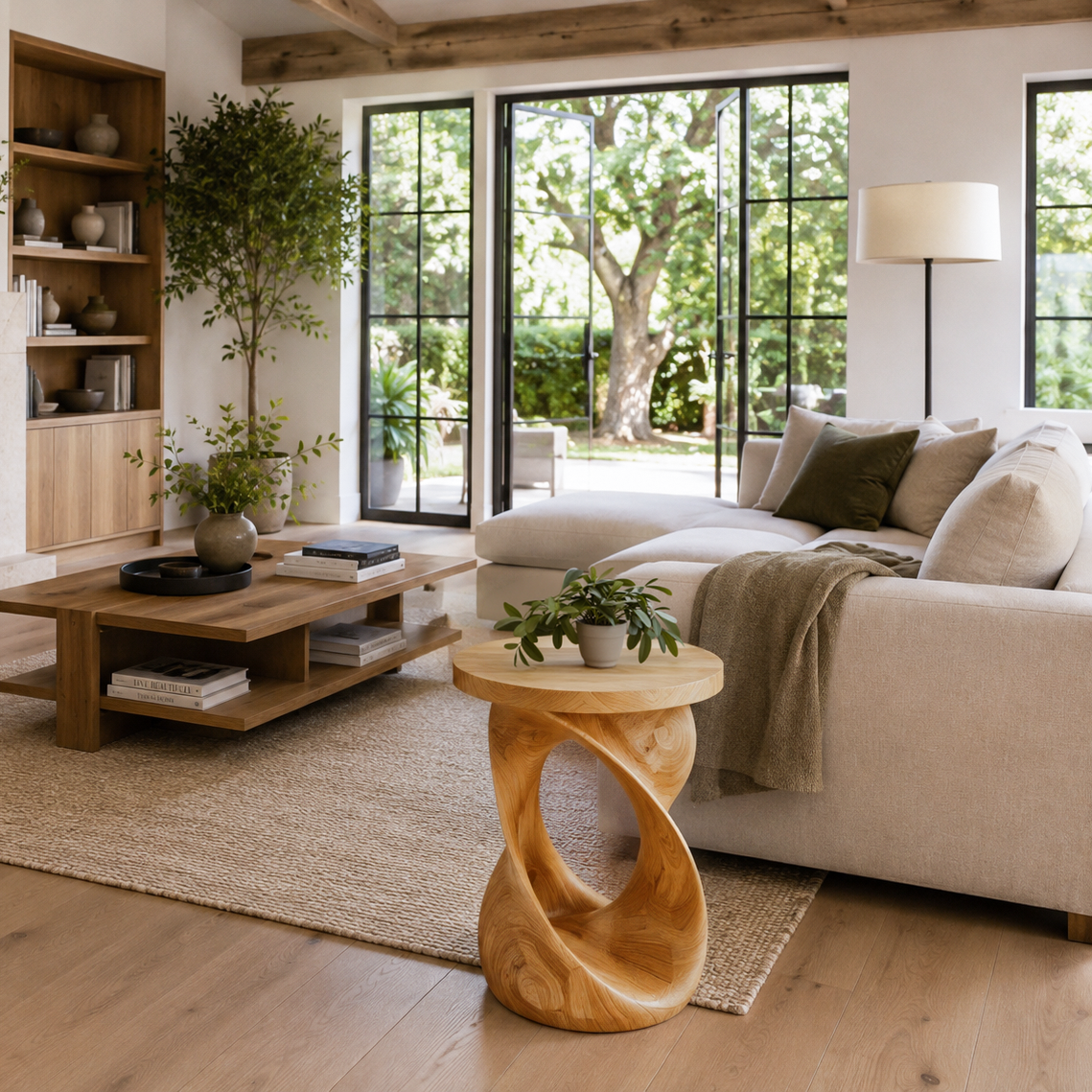 Wooden Side Table With Sculptural Twisted Base For Living Room
