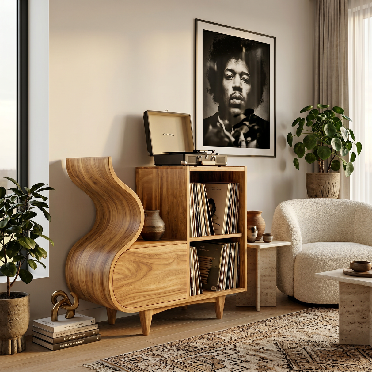 Rustic Wooden Vinyl Record Cabinet Carved Flowing Design For Living