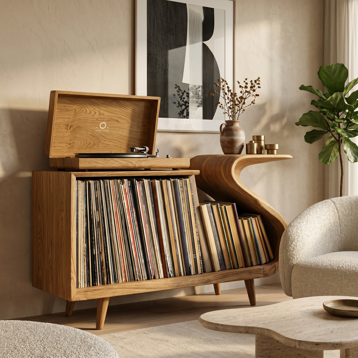 Elegant Record Player Stand With Sculptural Flowing Form For Living