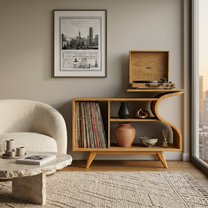 Wooden Record Player Cabinet With Integrated Shelving For Living Room