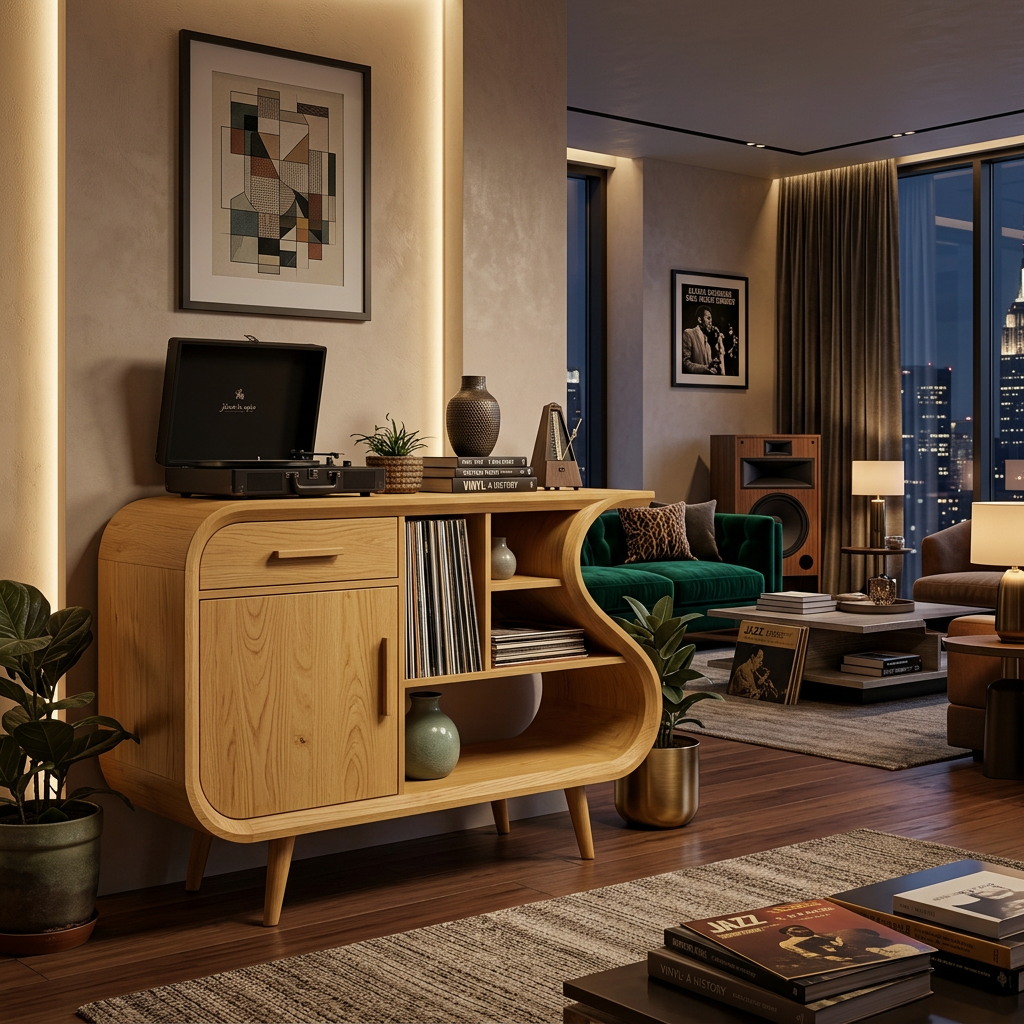Modern Record Player Stand With S-shaped Side For Living Room