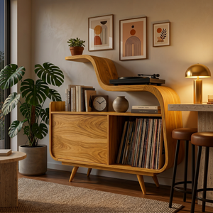 Organic Record Player Cabinet With Unique Curved Shelf For Home
