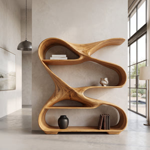 Modern Sculptural Wooden Bookshelf For Living Room Or Office Display