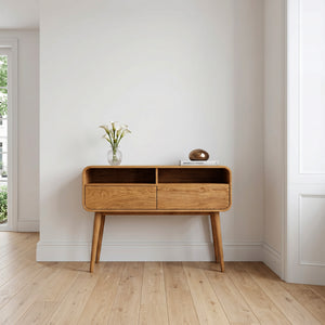 Mid Century Rounded Console Table With Two Compartments For Entryway