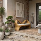 Handcrafted Bench With Undulating Backrest For Organic Entryway