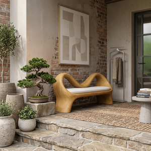 Handcrafted Bench With Undulating Backrest For Organic Entryway