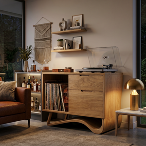 Contemporary Wooden Record Player Stand With Curved Base For Home