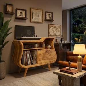 Rustic Wooden Record Storage Cabinet With Drawers For Living Room