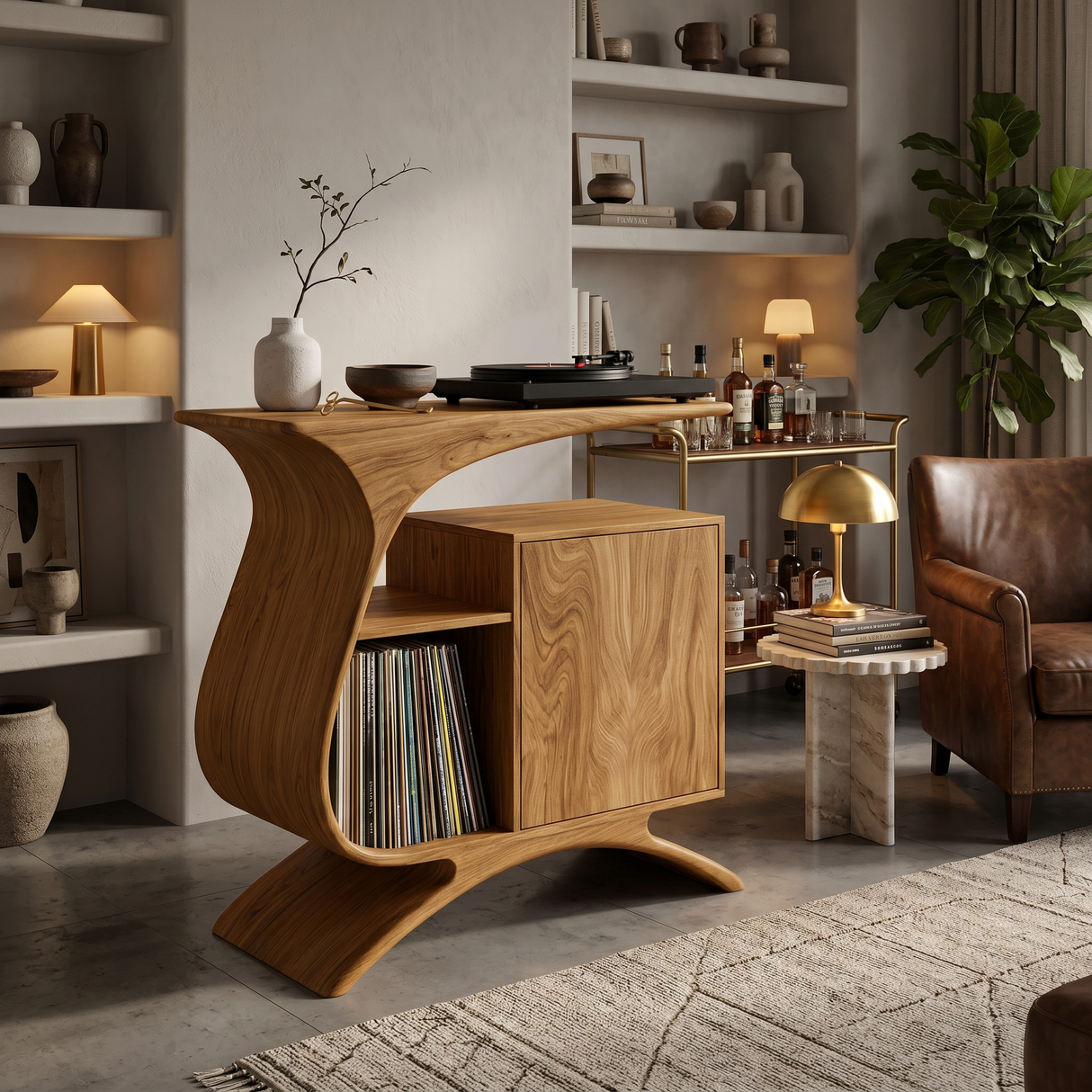 Wooden Record Player Stand With Sculptural Form For Entertainment Room