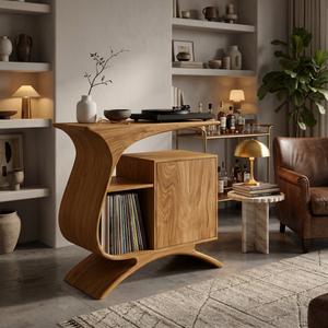 Wooden Record Player Stand With Sculptural Form For Entertainment Room