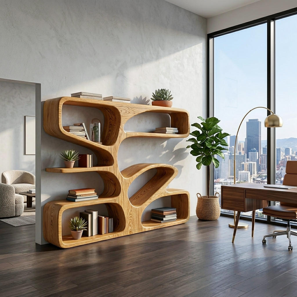 Organic Wooden Bookshelf With Sculpture Form For Home