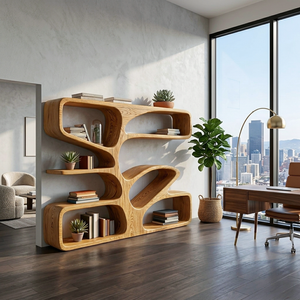 Organic Wooden Bookshelf With Sculpture Form For Home