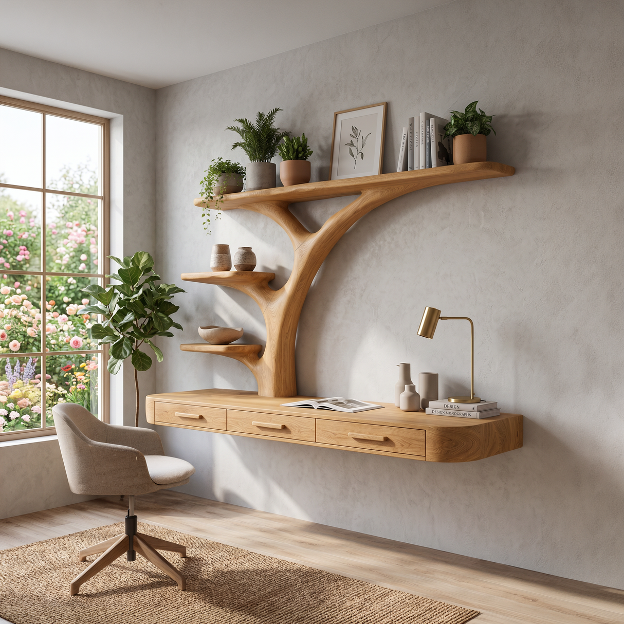 Organic Floating Desk With Branch Shaped Open Shelves For Workspace