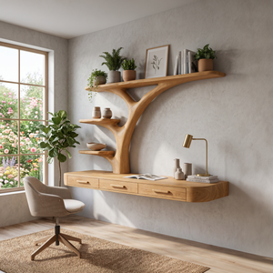 Organic Floating Desk With Branch Shaped Open Shelves For Workspace