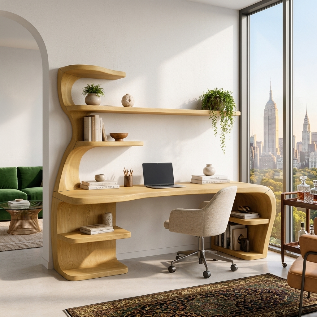 Wooden Desk With Built In Bookcase For Contemporary Workspace