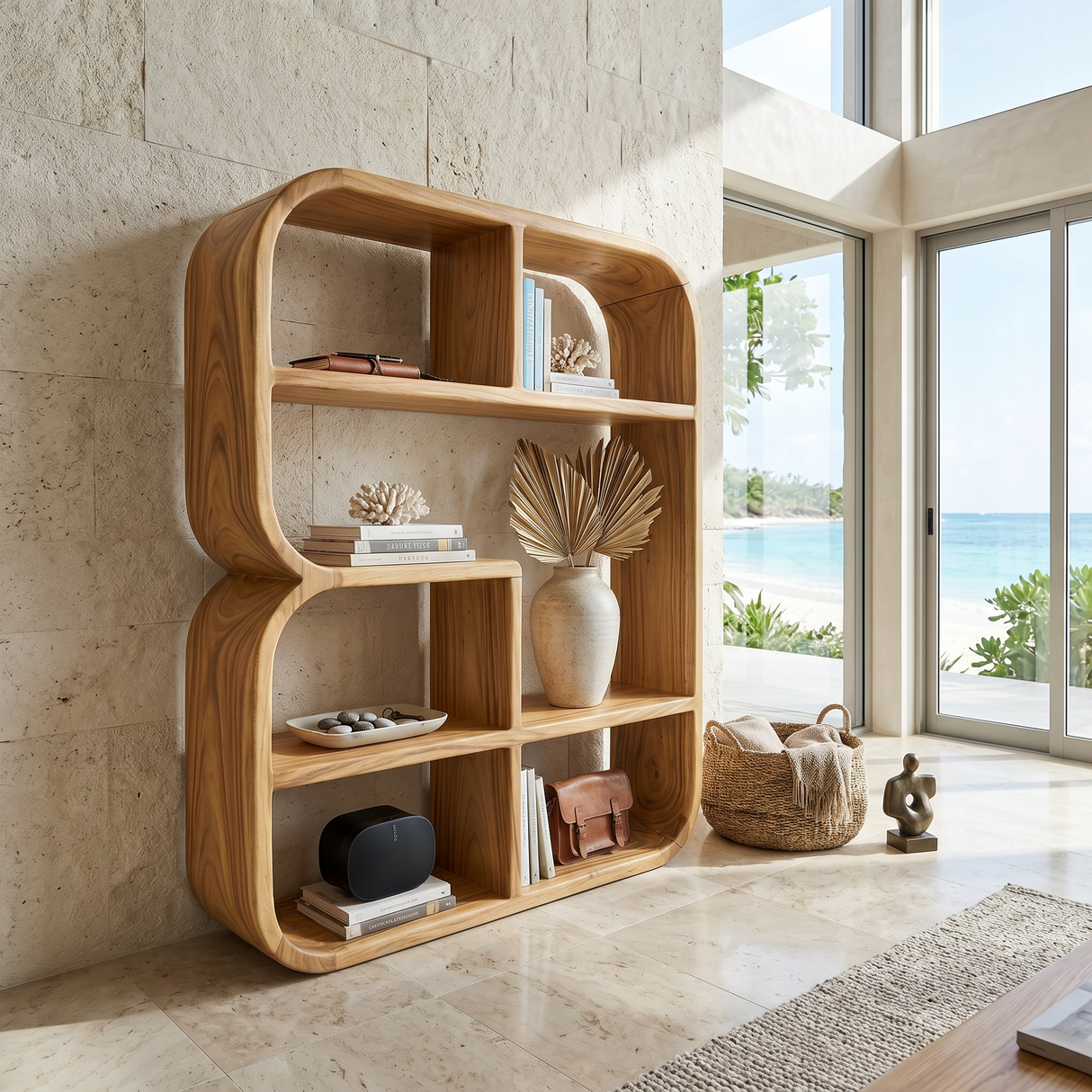 Modern Curved Wooden Bookshelf In Coastal Style