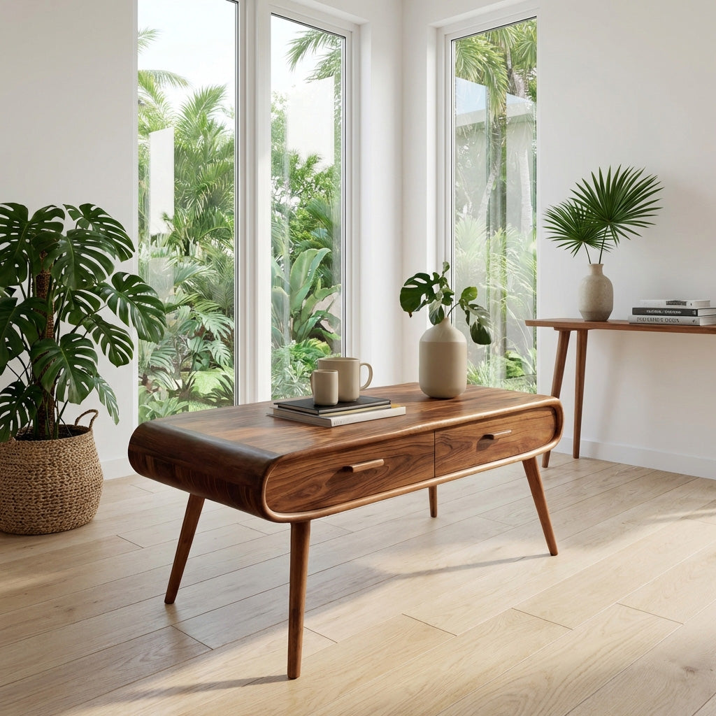Mid Century Wood Coffee Table With Tapered Legs For Interior