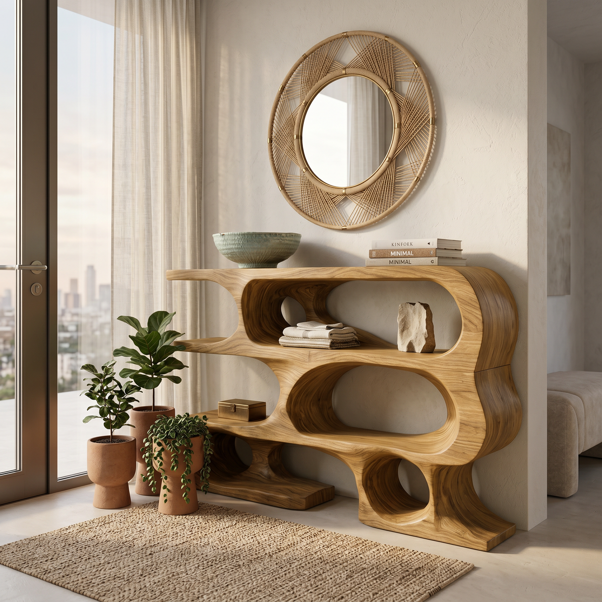 Contemporary Console Table With Multi Level Open Shelves For Living