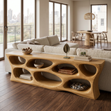 Handcrafted Wooden Console Table With Rounded Open Shelves For Entryway