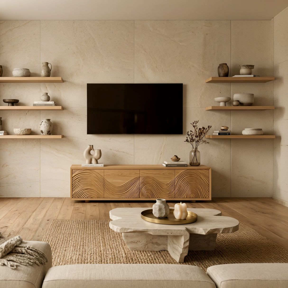 Contemporary TV Stand With Flowing Wave Carved Doors For Living