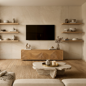 Contemporary TV Stand With Flowing Wave Carved Doors For Living