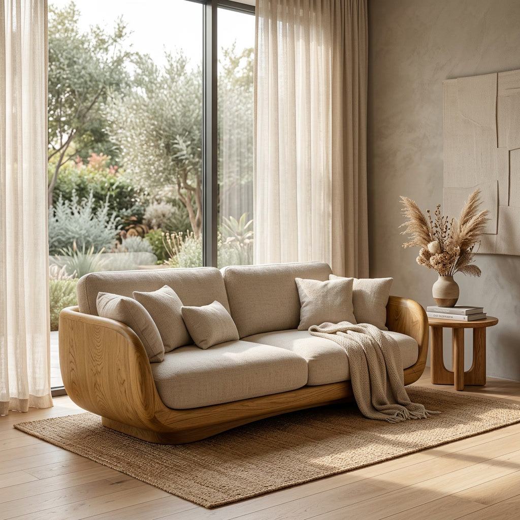 Organic Wooden Sofa With Rounded Edges For Living Room