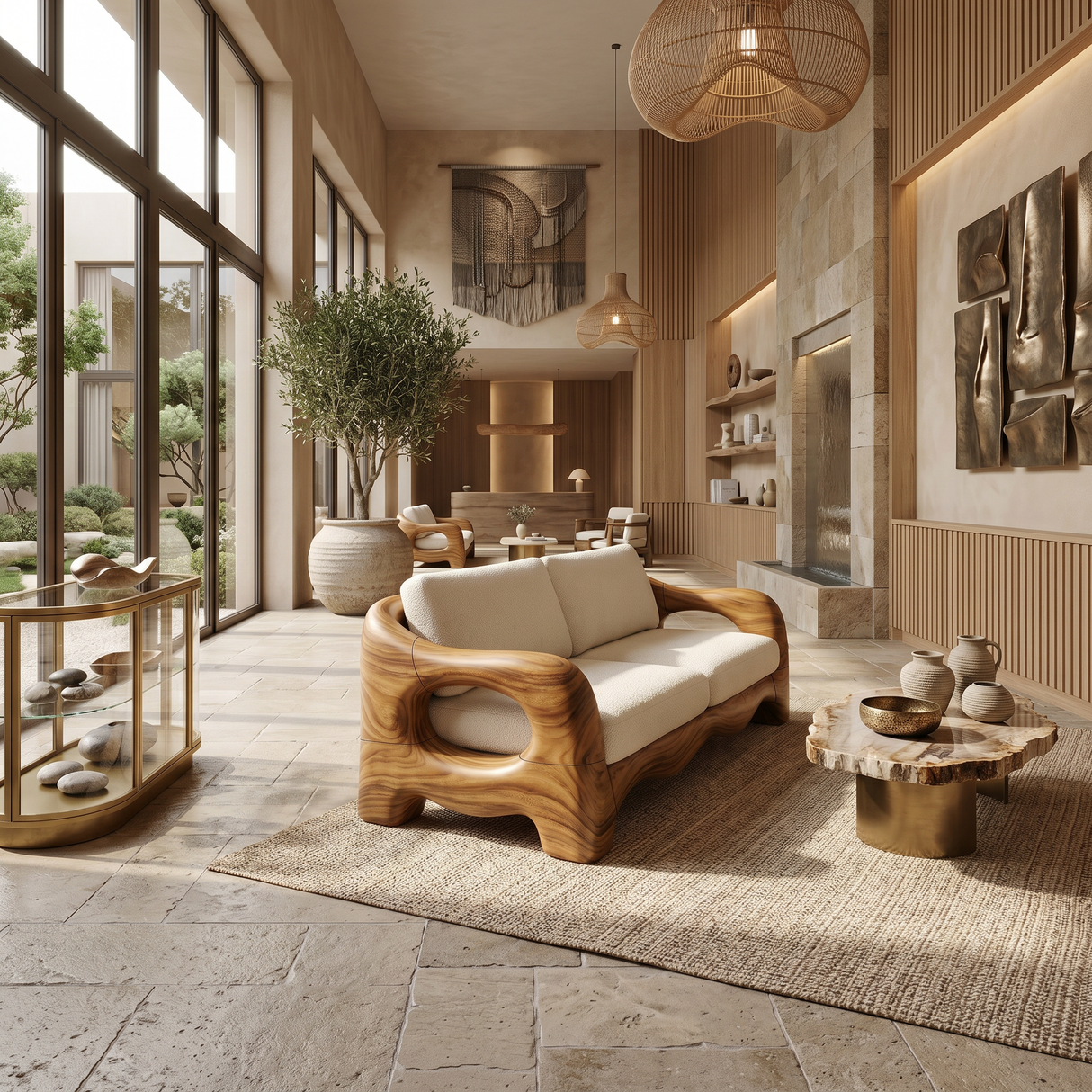 Contemporary Curved Wood Sofa Urban Apartment Interior