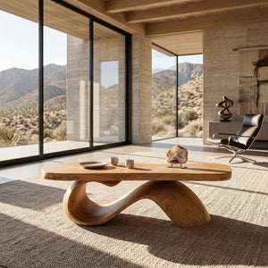 Organic Wooden Coffee Table With Sculptural Base For Living Room