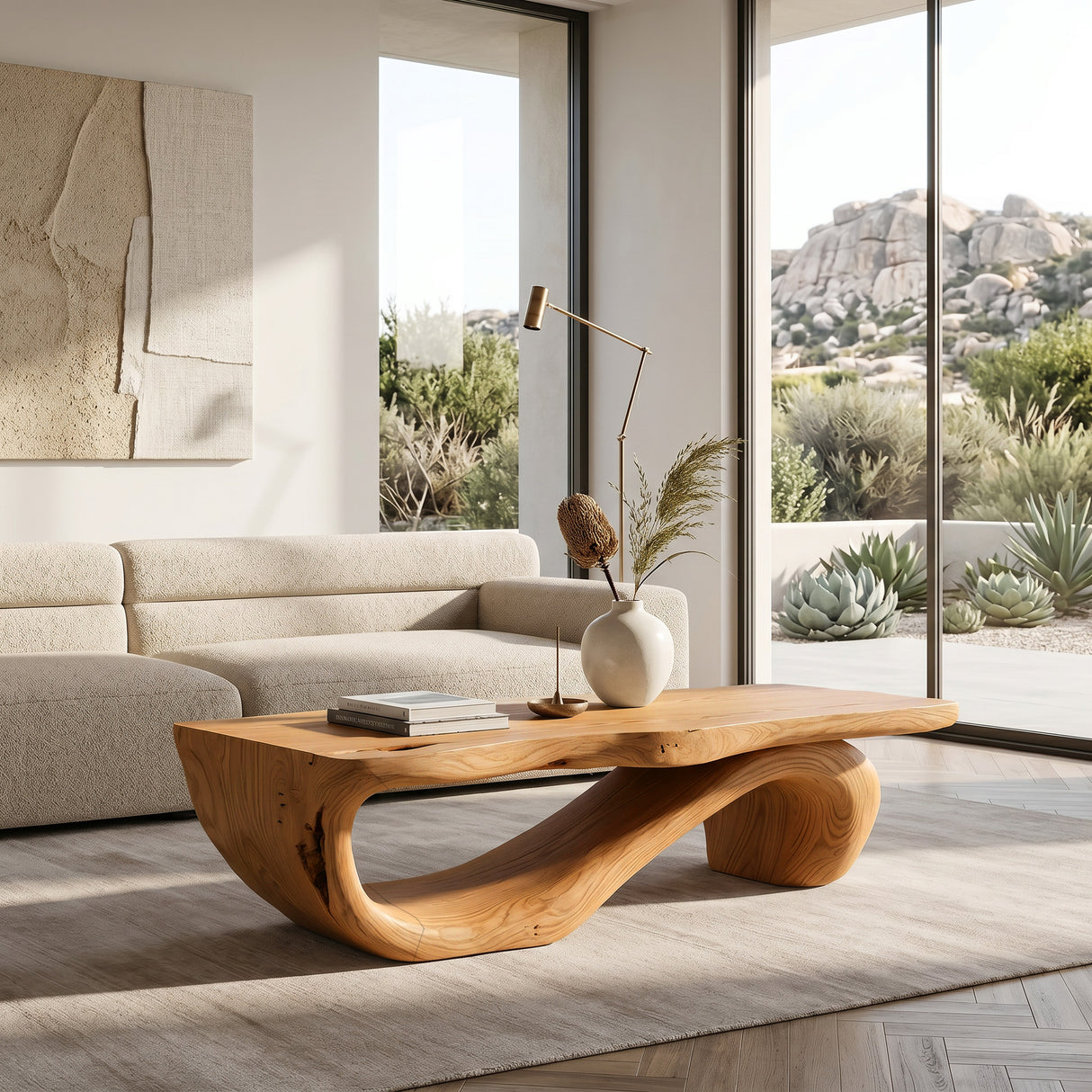 Organic Coffee Table With Carved Wood Base For Living Room