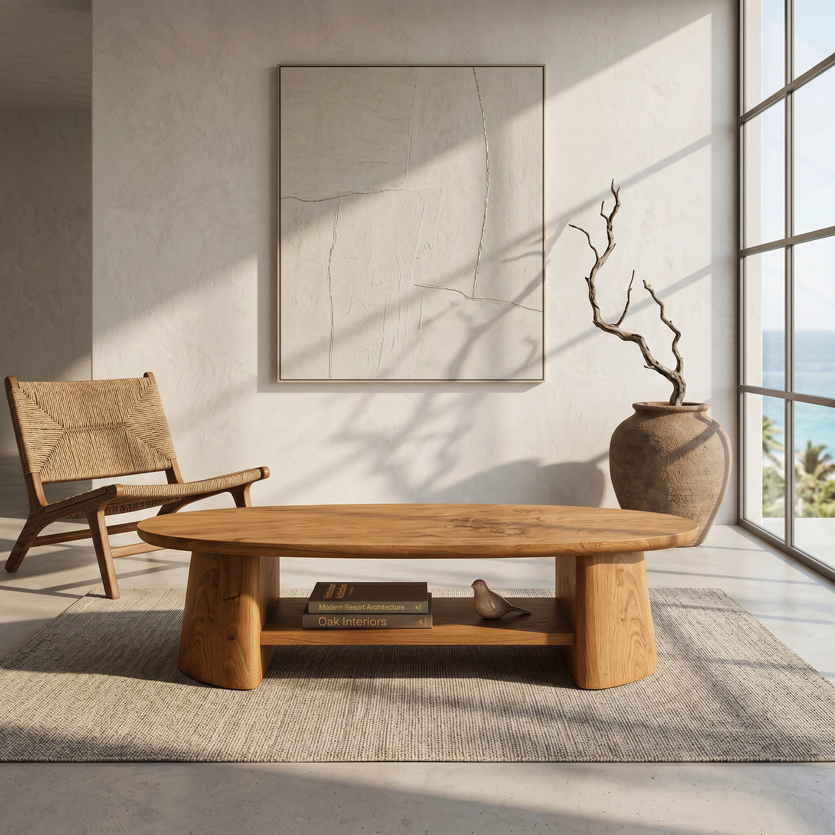 Handcrafted Oval Coffee Table With Open Storage For Home Decor
