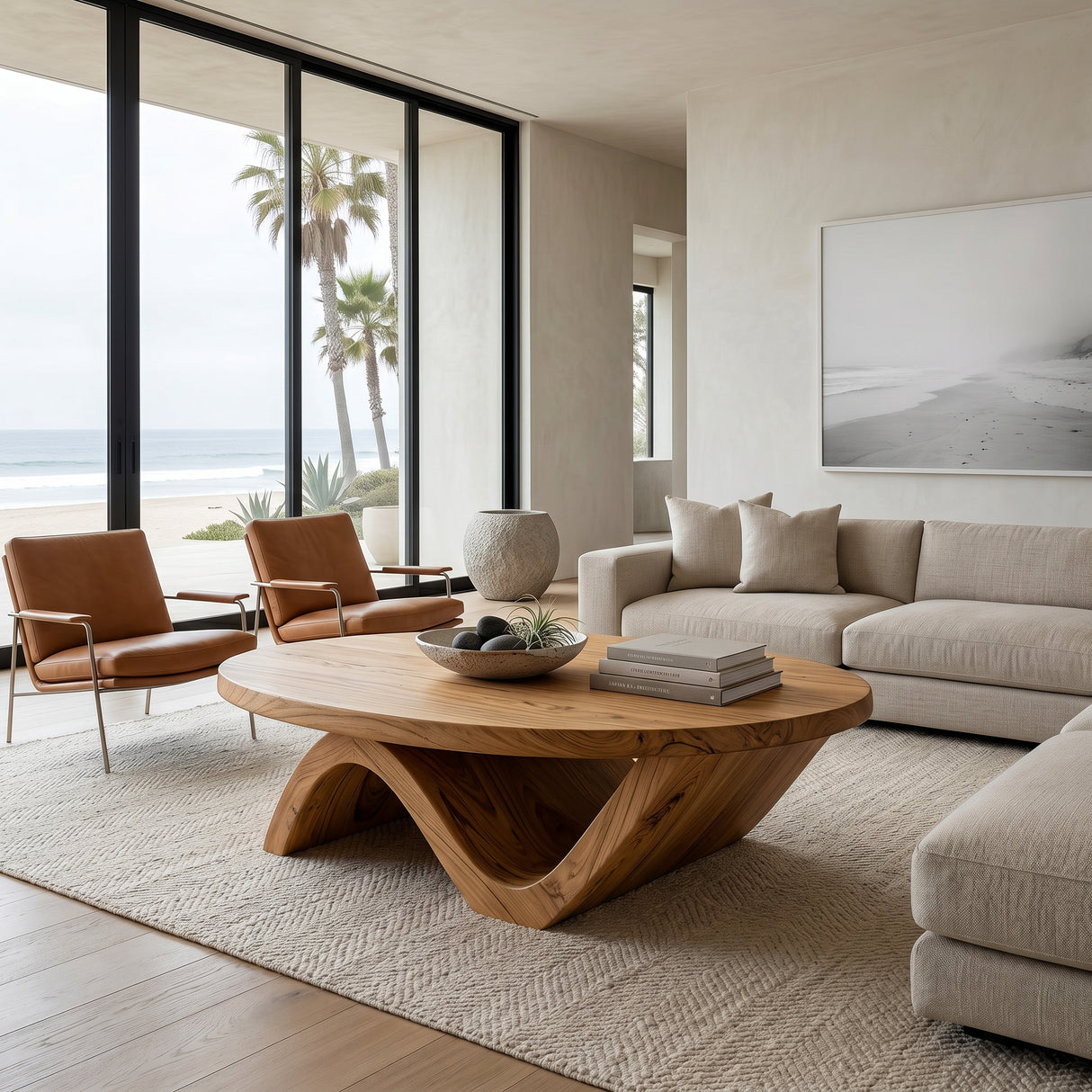 Sculptural Round Coffee Table With Curved Base For Home Decor