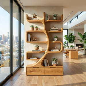 Wooden Bookcase With Tiers And Built-in Drawers For Home