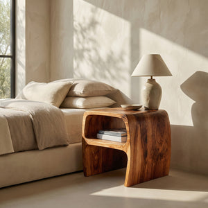 Modern Sculptural Nightstand With Open Storage For Bedroom