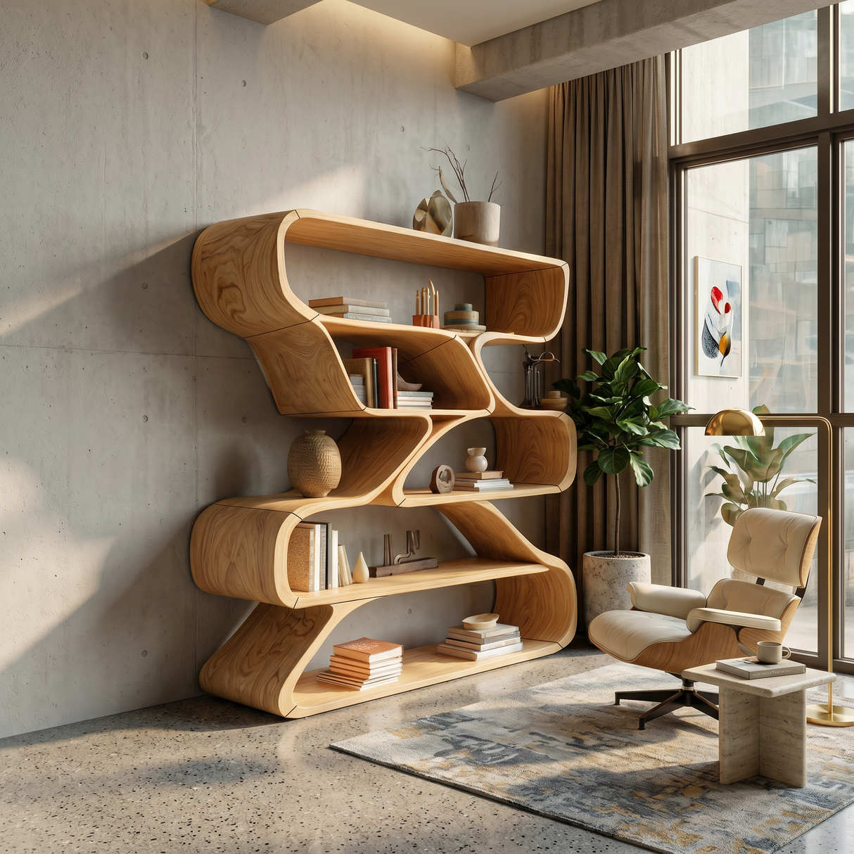 Minimalist Organic Wooden Shelf With Rounded Open Compartments