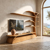Organic Wooden TV Stand With Display Shelves For Living Room