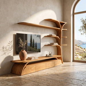 Organic Wooden TV Stand With Display Shelves For Living Room
