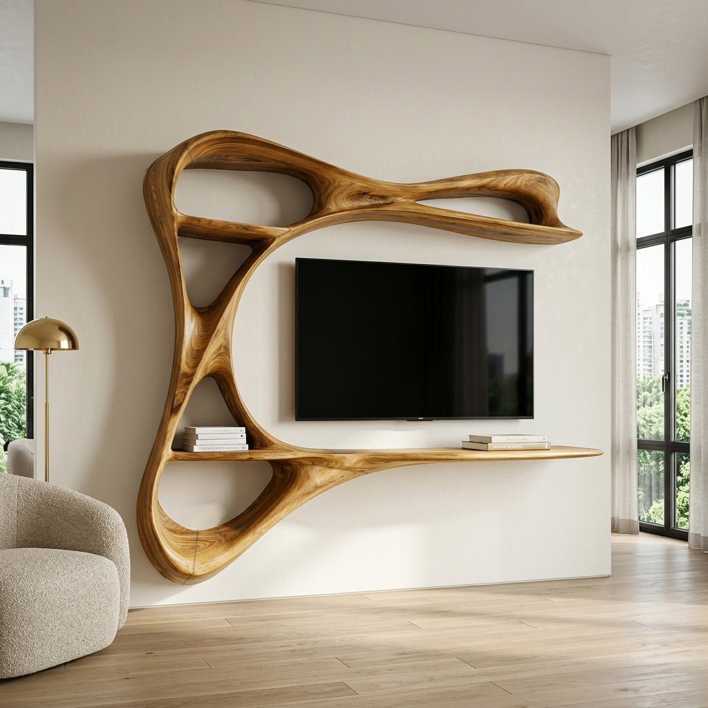 Contemporary Carved Frame TV Console With Integrated Shelves For Home