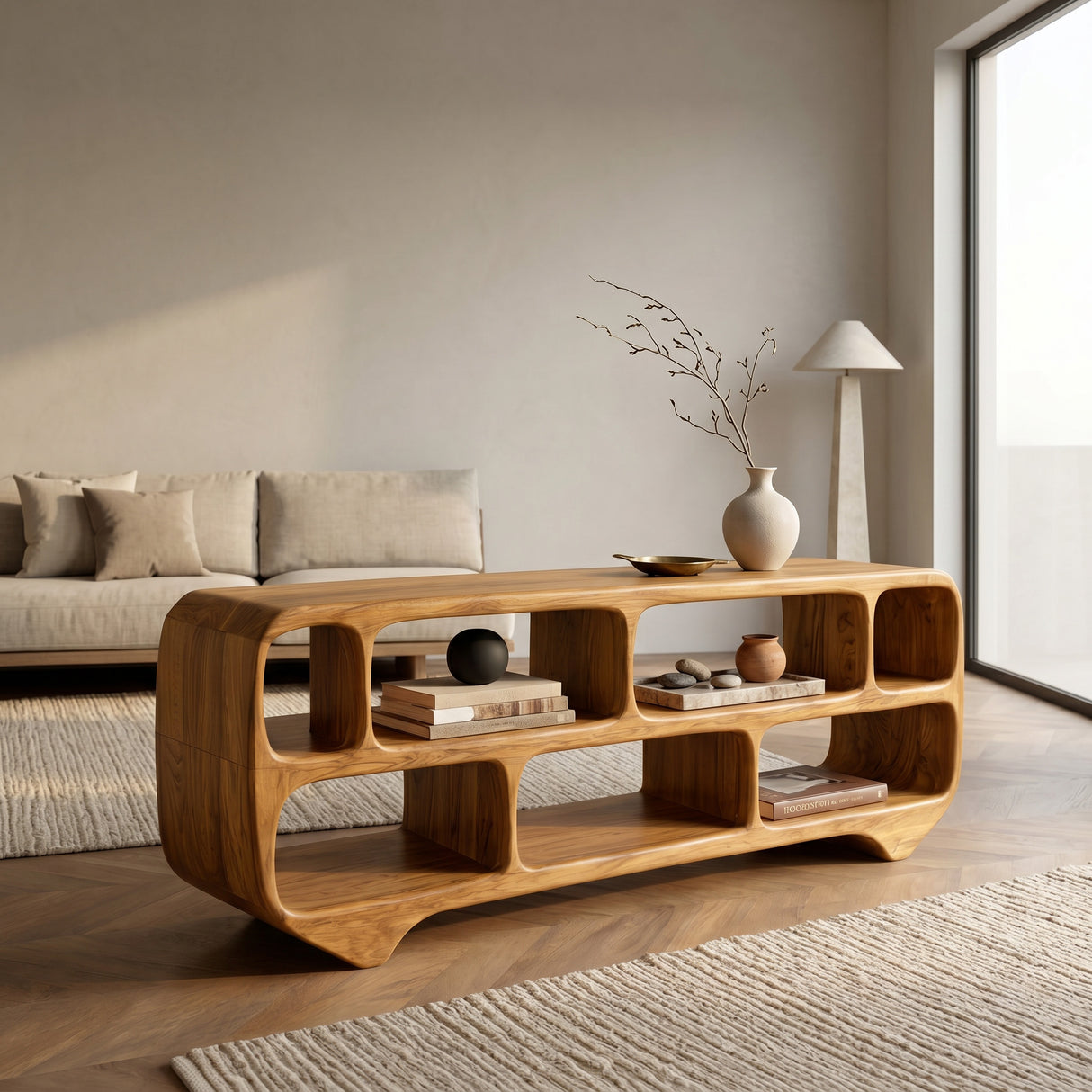 Organic Modern Rounded Low Bookshelf For Living Room