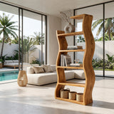 Contemporary Wooden Wavy Bookshelf With Multi Display Tiers For Living