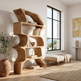 Organic Farmhouse Wooden Curved Bookshelf For Living Room