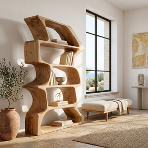 Organic Farmhouse Wooden Curved Bookshelf For Living Room