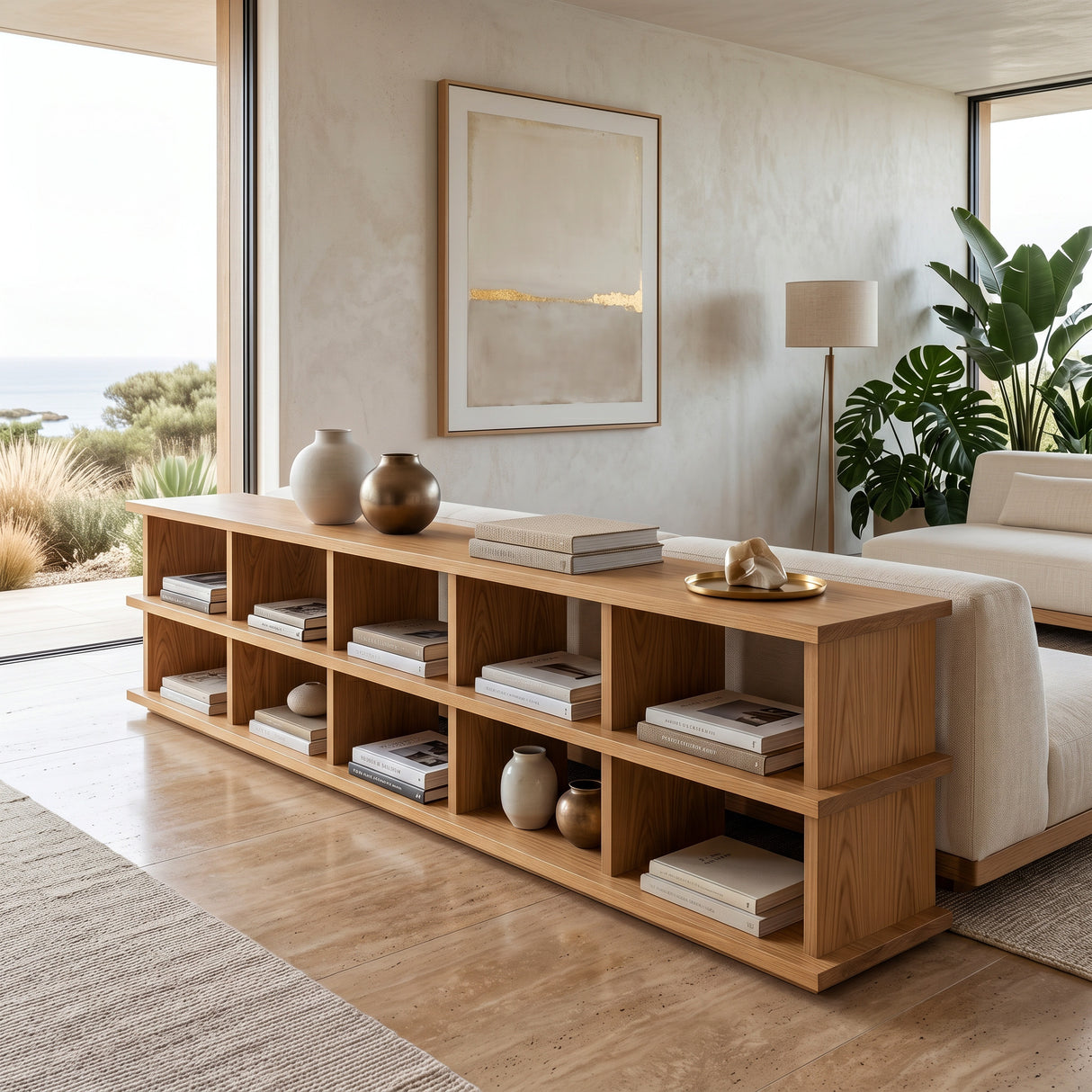 Modern Long Wooden Bookshelf For Living Room Storage