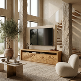 Organic TV Stand With Mountain Relief Doors For Contemporary Living