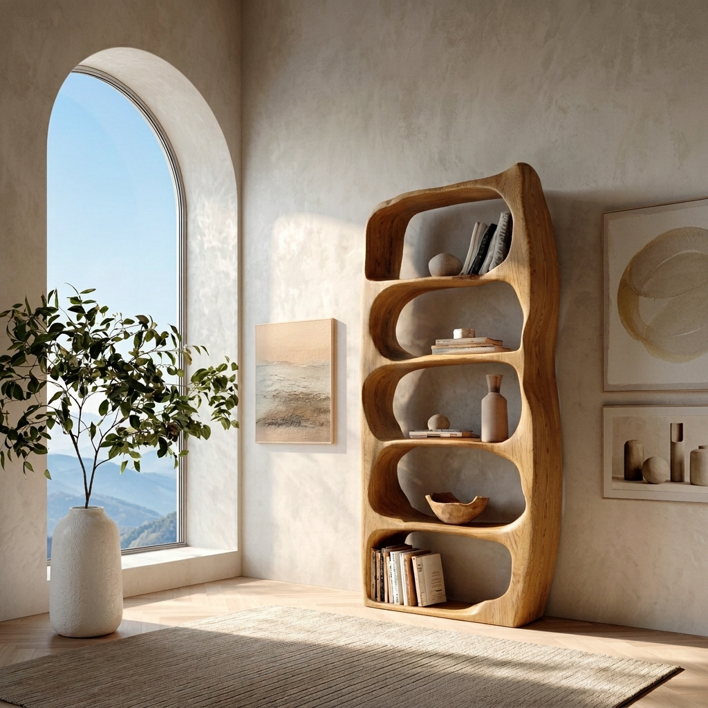 Handcrafted Sculptural Wooden Standing Shelf For Home Decor