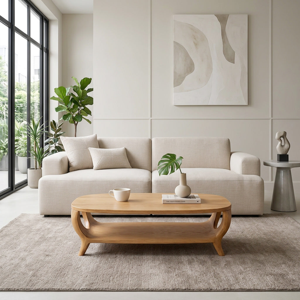 Organic Curved Coffee Table With Shelf For Living Room Decor