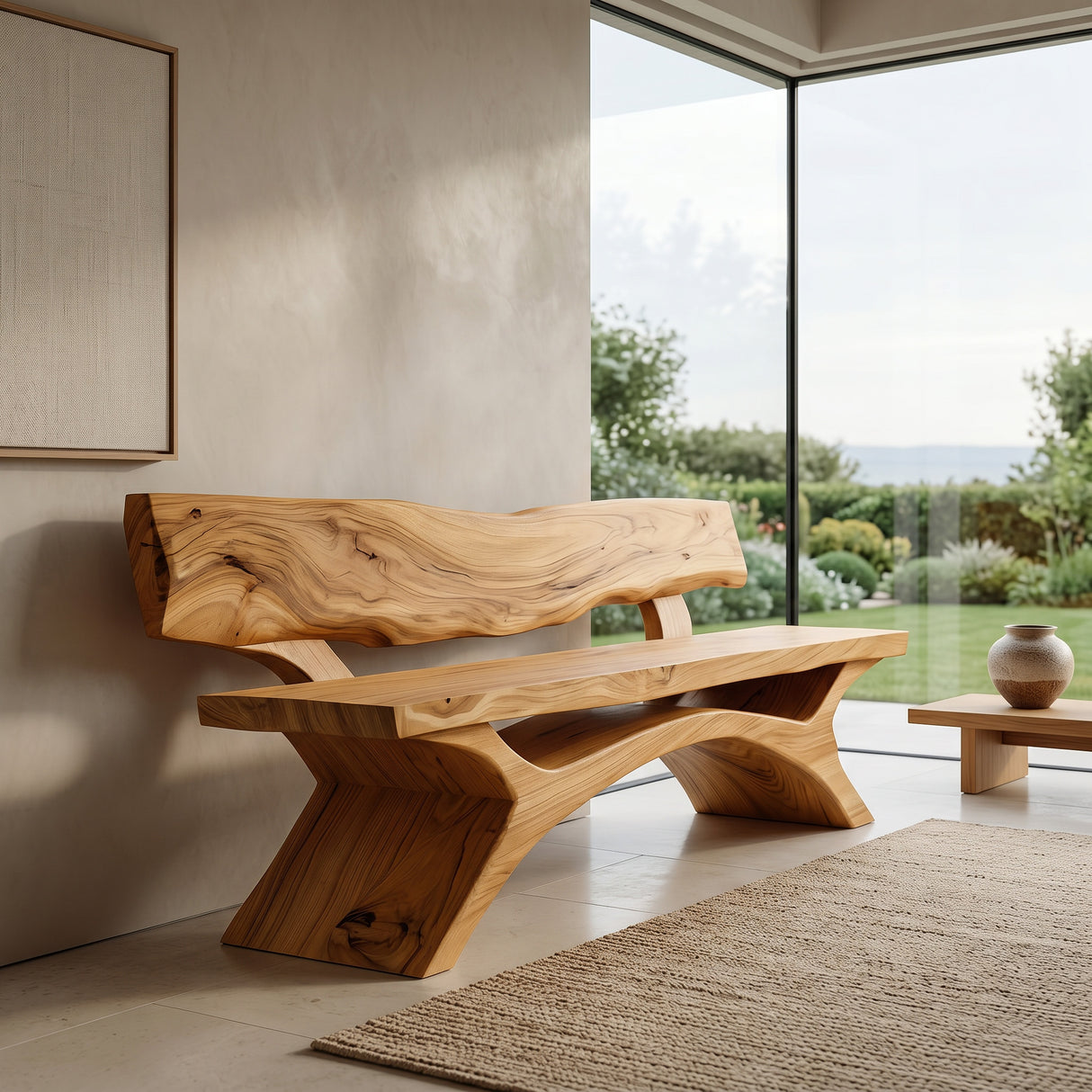 Contemporary Wooden Bench With Live Edge Backrest For Living Room