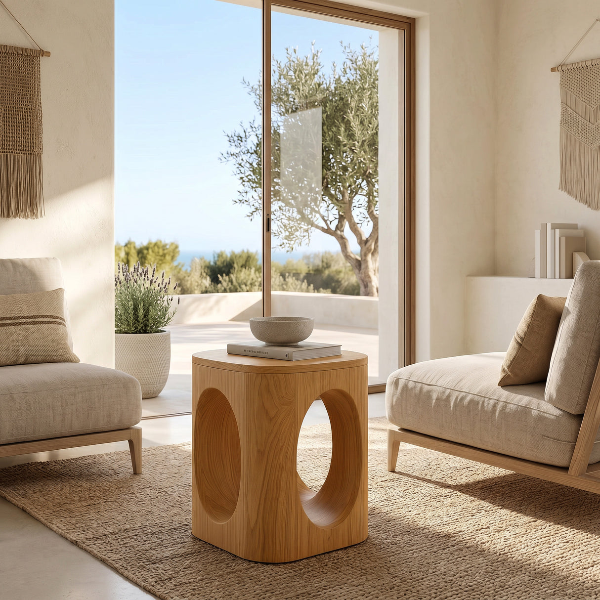 Geometric Carved Natural Wood Side Table For Living Room